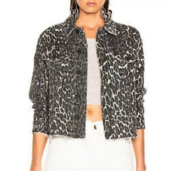 NWOT MOTHER Jeans The Cut Drifter Black Leopard Print Cropped Denim Jacket.S - Picture 3 of 9
